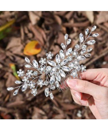 Unsutuo Crystal Bride Wedding Hair Comb Silver Rhinestone Flower Bridal Hair Pieces Pearl Wedding Hair Accessories for Women and Girls… (Silver)