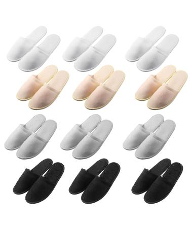 12 Pairs Non Slip Disposable Slippers Indoor House Slippers Bridesmaids Slippers Closed Toe for Guests Shoeless Hotel Interiors  Travel and Daily Home (Black  Gray  White  Beige)