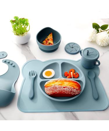 8 Pack Silicone Baby Feeding Set - Divided Plate, Bibs, Suction Bowl, Placemat, Spoon, Fork, Cup with Straw - Toddler Tableware Set (Dusty Blue) - Buy Online on GoSupps.com