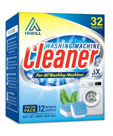 HIWILL Washing Machine Cleaner Effervescent Tablets, 32 Solid Deep Cleaning Tablet, Triple Decontamination Natural Biological Formula, for All Machines Including HE, No More Stinky Grimy Washer