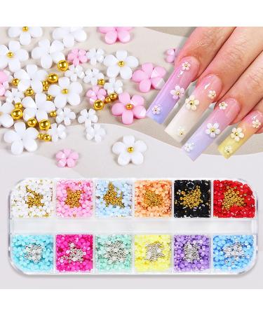 3D Flower Nail Charms and Metal Caviar Beads Nail Art 3D Acrylic Flowers Nail Charms Nail Design Supplies Decoration Accessories DIY Nail Decoration in 12 Compartment Box