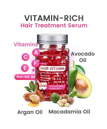 Hair Treatment Serum & Capsule Oil - No Rinse Argan Macadamia Avocado | Vitamins A C E Pro B5 - Conditioner for All Hair Types (40 Capsules - Buy Online on GoSupps.com
