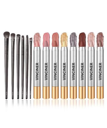 8 Colors Glitter Eyeshadow Stick Colorful Set 6 Eye Makeup Brush Set Waterproof Eye Shadow Pencil Eye shadow Stick Pen Makeup Set Waterproof & Long Lasting Starter Eyeshadow Stick Sets 58*8+6