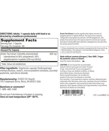 Klaire Labs SFI Health Green Tea Extract - 500 Milligrams Green Tea Leaf Extract, 95% Polyphenol Content 250 Milligrams EGCG (60 Vegetarian Capsules) - Buy Online on GoSupps.com