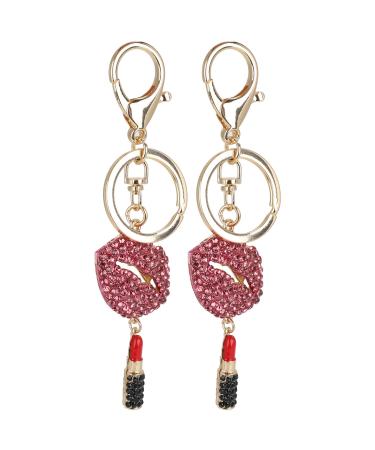 2Pcs Lips & Lipstick Sparkling Charm Keychain Pendant Key& Clasp Cosmetic Bling Accessory for Keys Purse Bags Pink
