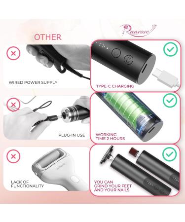 Ranrose Multifunction Electric Callus Remover - 2 in 1 Rechargeable Foot File with Nail Drill Bit & 6 Speeds | Professional Pedicure Tool for Smooth Feet - Black - Buy Online on GoSupps.com