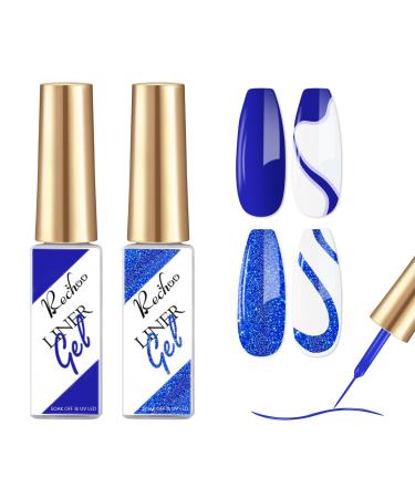 Rechoo Liner Nail Gel Polish-10ML*2 Blue Matte & Glitter Gel Nail Polish for Fineliner Nail Art Matte and Shimmer French Manicure Nail Polish Shellac Color Gel with thinner Brush J-2-Blue & Glitter