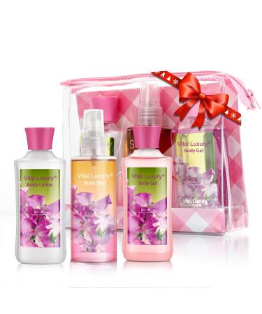 Vital Luxury Bath & Body Care Travel Set Pea Flower Scent Home Spa Set with Body Lotion  Shower Gel and Fragrance Mist  Valentines Day Gifts for Her and Him