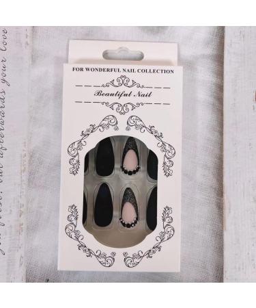 24 Pcs Black Tip Almond French Press-on Nails - Medium Length Glossy Full Cover False Nails for Women and Girls - Buy Online on GoSupps.com