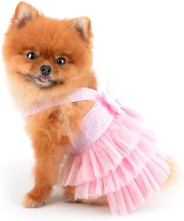 Pink Striped Denim Puppy Dress with Organza Bow and Beads - XS size (Chest 30cm/11.8, Back 20cm/7.9) - Summer Sleeveless Button-Up Dog Apparel - Buy Online on GoSupps.com