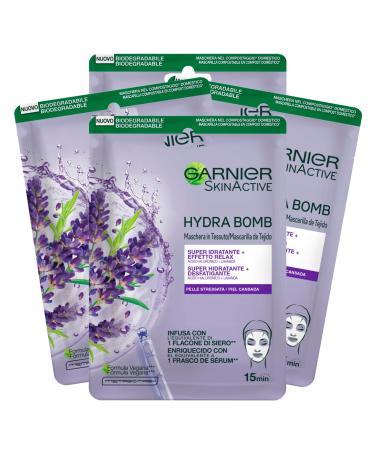 Garnier SkinActive Hydra Bomb Super Moisturizing Sheet Face Mask with Relaxing Effect Vegan Formula with Lavender and Hyaluronic Acid with Relaxing Action for Stressed Skin - 4 Disposable Masks 4x Hydra Bomb Super Moisturising