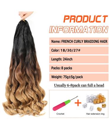 Dt Cheryl 24 Inch French Curls Braiding Hair - 8 Pack Pre-Stretched Curly Hair Extensions (1B/30# 1B/30/27#) | Loose Wave Synthetic Braids 75g - Buy Online on GoSupps.com