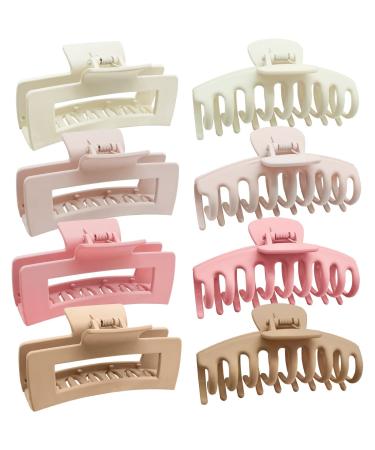 NLUS Large Hair Claw Clips 8 Pack Hair Clips for Women Girls 2 Styles Banana Square Jaw Clips Strong Hold Matte Claw Hair Clips for Thick Hair & Thin Hair (Cream Apricot Light Pink Khaki) 8 claw clips