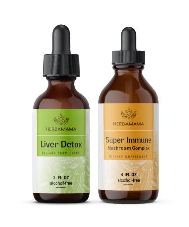 HERBAMAMA Liquid Drops Kit - Bundle of Liquid Liver Detox & Super Immune Mushroom Complex Tincture 4 fl oz - Vegan Non-GMO Sugar & Alcohol-Free - 2 Pack