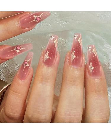 Shop Moguri 24-Piece Pink Diamonds Artificial Nails - Glossy Medium Length Acrylic with Stars Moon & Blush Designs - International Shipping Available - Buy Online on GoSupps.com