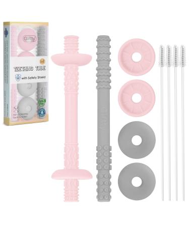 Teething Tube with Safety Shield Baby Hollow Teether Sensory Toys Gum Massager Food-Grade Silicone for Infant 3-12 Months Boys Girls 1 Pair with 4 Cleaning Brush Included (Two Types Pink+Grey)