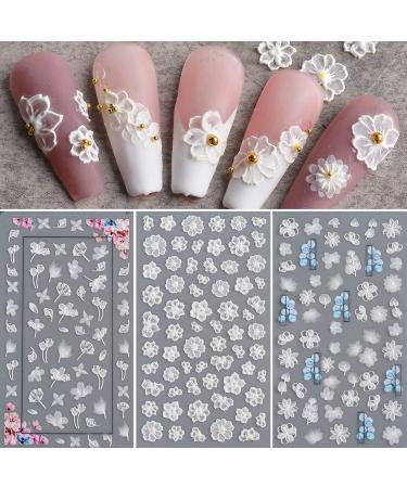 Flower Nail Art Sticker Decals 5D Hollow Exquisite Pattern Nail Art Supplies Self-Adhesive Luxurious Nail Art Decoration White Feather Lace Flower Leaf Carving Design DIY Acrylic Nail Art, 3 Sheet White Flower