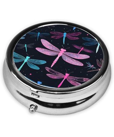 Purple Dragonfly Round Pill Box - 3 Compartment Mini Decorative Organizer for Travel | Portable Medicine & Vitamin Holder - Buy Online on GoSupps.com
