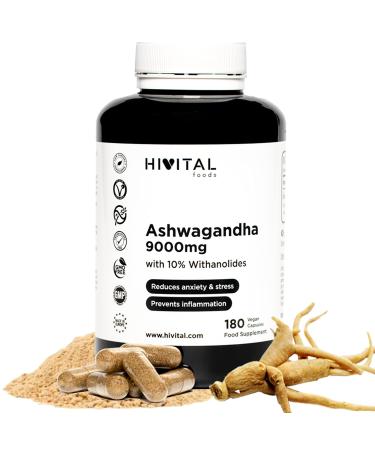 Ashwagandha 9000mg 180 Vegan Capsules for 6 Months of Treatment Withania Somnifera Extract with 10% Witanolides Indian Ginseng to Reduce Stress and Anxiety