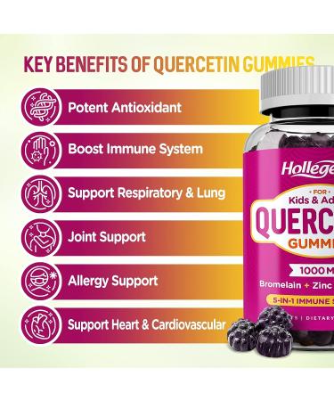 HOLLEGEND Quercetin Gummies 1000mg with Bromelain, Vitamin C, Zinc & Elderberry - Immunity & Allergy Support - 60 Vegan Chewable Gummies - Buy Online on GoSupps.com