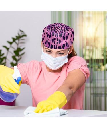 2 Pcs Buttoned Working Caps with Ponytail Holder & Sweatband - Purple Pink Black Leopard - Buy Online on GoSupps.com