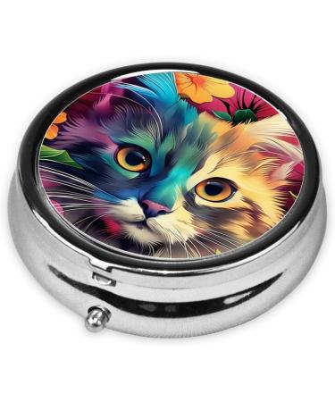 Colorful Flower Cat Portable Metal Pill Box | Round Mini 3-Compartment | Travel Essential for Small Pills - Buy Online on GoSupps.com