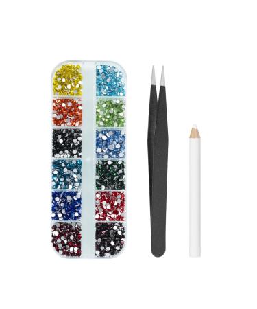 MAEXUS Nail Art Gems 2400 Pcs Nail Rhinestones Kit Tooth Gems Flat Back Rhinestone Kits Colorful Rhinestones With Picker PPencil/Tweezer for Nail Art Craft Face Make-Up 12 Colors multicolor