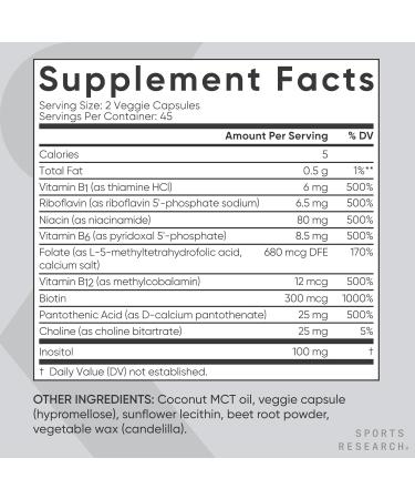 Sports Research Vitamin B-Complex - Full Spectrum of B Vitamins - 90 Liquid Veggie Capsules - Buy Online on GoSupps.com