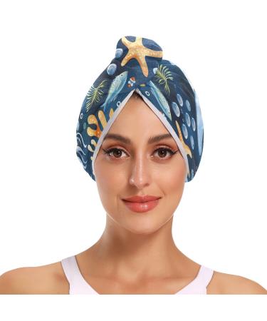 Watercolor Animals Under The Sea Hair Towel 2 Pack Super Absorbent Hair Drying Towel Quick Dry Hair Turbans Head Towel with Button Twisty Wrap for Women Girls