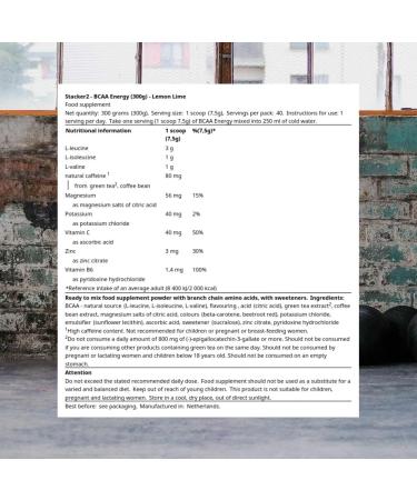Stacker2 Europe BCAA Energy Lemon Lime with electrolyte and synergy ingredients 5 g BCAA in researchbased ratio 311 300 grams 40 servings no sugar - Buy Online on GoSupps.com