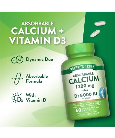 Nature's Truth Calcium 1200mg with Vitamin D3 5000 IU | 60 Softgels | from Calcium Carbonate | Non-GMO & Gluten Free Supplement 60 Count (Pack of 1) - Buy Online on GoSupps.com