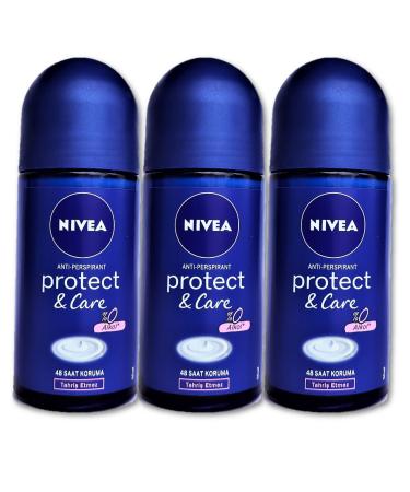 NIVEA Protect & Care - 0% Alcohol Roll On Deodorant Reliable Anti-Perspirant Protection Without rritation 48h 1.7oz/50ml (Pack of3) 0.57 Fl Oz (Pack of 3)