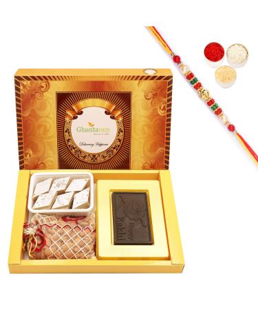 Ghasitaram Gifts Rakhi Gifts for Brothers Rakhi Sweets - Big Box of Happy Rakhi Chocolate Almonds and Kaju Katli with Pearl Beads Rakhi Big Box of Chocolate Almonds Kaju Katli with Rakhi