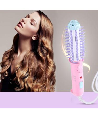 Curling Iron Brush Ceramic Travel Hair Curler Brush Professional Curling Iron for Short Hair Anti-Scald Instant Heat Up Mini Curling Wand 2-in-1 Hair Straightener & Curling Iron Brush Pink