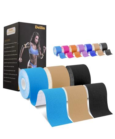Deilin Kinesiology Tape 19.7ft Uncut Per Roll Elastic Therapeutic Sports Tapes for Knee Shoulder and Elbow Waterproof Athletic Physio Muscles Strips Breathable Latex Free Blue+black+beige