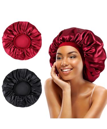 Facynos Large Women Silk Satin-Bonnet - 2 PCS Extra Soft Elastic Band Sleeping Caps for Curly Dreadlock Braid Hair Red & Black