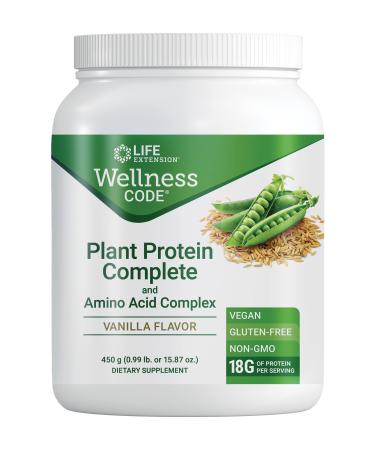 Life Extension Wellness Code® Plant Protein Complete & Amino Acid Complex (Vanilla) plant-based protein powder plus branched-chain amino acids gluten-free non-GMO vegetarian 450 grams