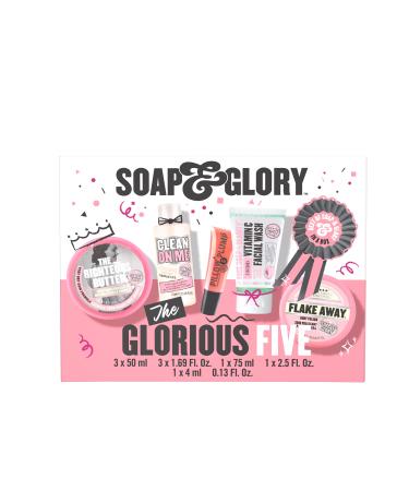 Soap & Glory The Glorious Five Gift Set - Righteous Butter Body Butter  Clean On Me Shower Gel  Flake Away Body Scrub  Vitamin C Face Wash  & Pillow Plumping Lip Gloss - Holiday Gift Sets