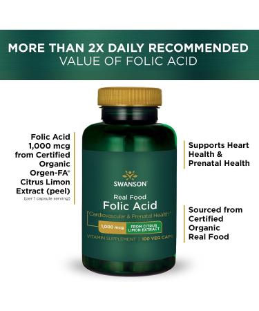 Swanson Real Food Folic Acid 1000mcg - Vitamin B-9 for Cardiovascular and Prenatal Health - Vegan, Gluten-Free, Non-GMO - 100 Veggie Capsules - Buy Online on GoSupps.com
