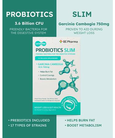 GC Pharma Probiotics Garcinia Cambogia 30 Count Pack - Peach Flavor Powder, 3.6 Billion CFU, HFA 750mg - Stomach Friendly for Women & Men - Buy Online on GoSupps.com