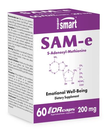 Supersmart - SAM-e Supplement 200mg (80% Active Isomer S S) - Detox & Mood Support - Joint & Liver Health - Advanced S-Adenosyl Methionine | Non-GMO & Gluten Free - 60 DR Capsules