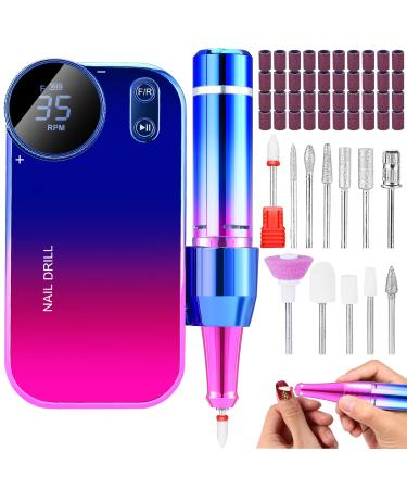 Electric Nail Drill Machine 35000 RPM  Nail Drills for Acrylic Nails Rechargeable Electric Nail Drill Machine E File for Acrylic Gel Polishing Removing  Portable Nail File (Blue-Pink Gradient)