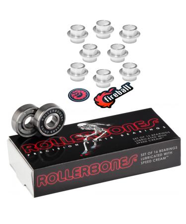 Rollerbones Bearings 8mm 16 Pack with Fireball Dragon Inline Spacers - Inline Skate Bearings/Roller Skate Bearings by Bones Bearings - for Roller Skates, Roller Derby, Inline Skates (608, w/Spacers) 608 w/ Self Centering Spacers
