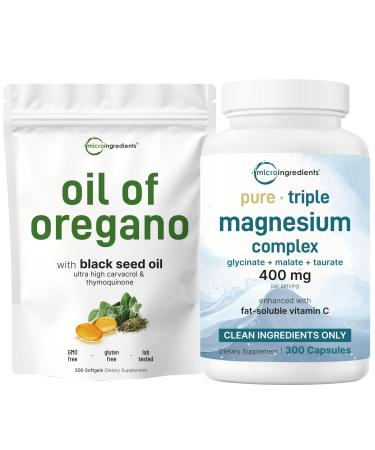 Micro Ingredients Oil of Oregano Softgels & Pure Triple Magnesium Complex 400mg Capsules | 2 Pack Bundle | 4X Strength Thymoquinone with Black Seed | Glycinate Malate & Taurate Forms