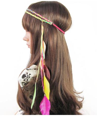 Women Lady Girls Bohemian Double Braided Headband Tassels Hairband Headwear Hippie Feather Headband Hair Hoop Handmade Indian Fascinator Headband Headdress Hair Bands Hair Accessories (Multi-colour)