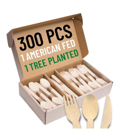 EarthClusive 100% Compostable Wooden Cutlery Set - 300 pieces (150 Forks | 100 Spoons | 50 Knives) Disposable Utensils for Party, Camping, & More - Biodegradable Packaged Silverware, Flatware Sets