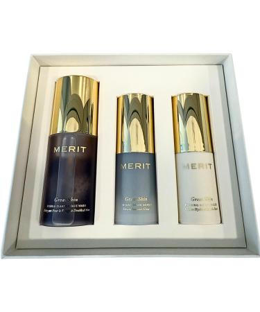 MERIT The Mini Great Skin Trio Limited Edition Skincare Set with Double Cleanse Face Wash (15 ml) Instant Glow Serum (15 ml) and Priming Moisturizer (50 ml)