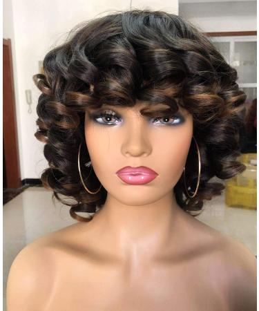 Annivia Short Afro Curly Wigs with Bangs for Women Kinky Curly Hair Wig 2 Tone Ombre Dark Brown Big Bouncy Fluffy Curly Wig