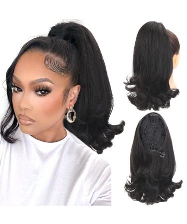 Kinky Straight Drawstring Ponytail Hair Extensions Synthetic Tail Warping Ponytail Hair for Black Women Natural Fluffy Yaki Straight Ponytail Hair Pieces Black Pony Tail Hair Bun With Elastic Band Drawstring