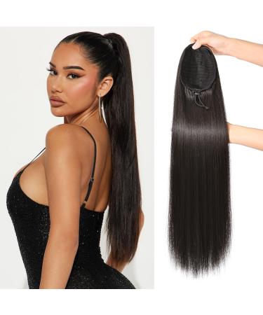 REECHO Ponytail Extension 28" Long Straight Drawstring Pony Hair Extension Synthetic Pony Tail Hairpiece for Women Black Brown